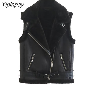 Yipinpay Women Fashion Winter Faux Leather Vest Jacket 2023 Fleece lLning Thicken Warm Coat Vintage PU Female Waistcoat Chic Tops
